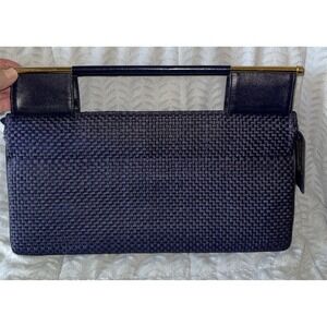Vtg Susan Gail Clutch Purse Women's Blue Gold Zipper Mirror MCM 1950s